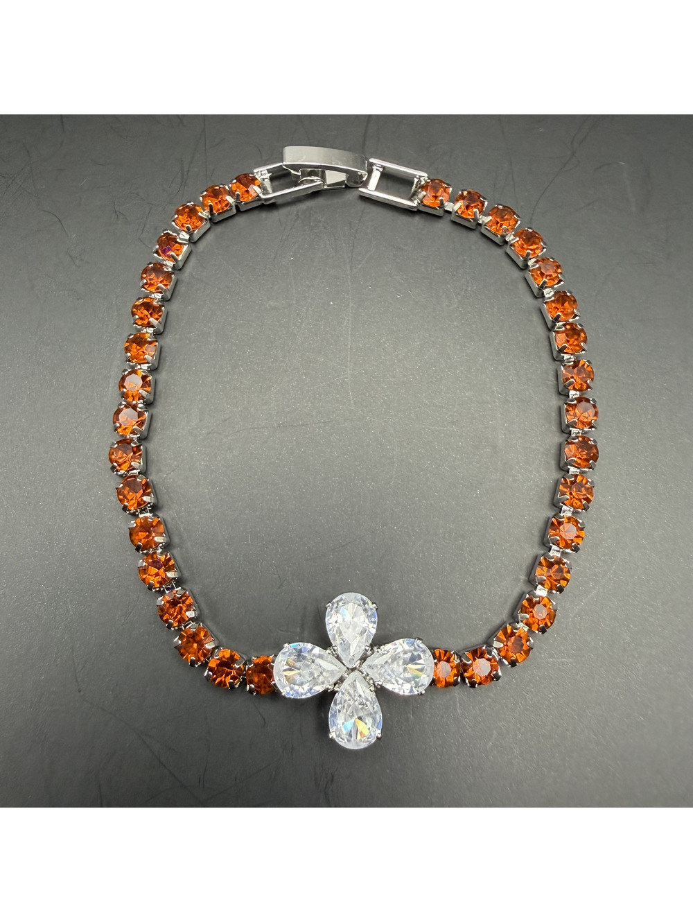 candy+clover orange and clear clover crystal silver tone tennis bracelet